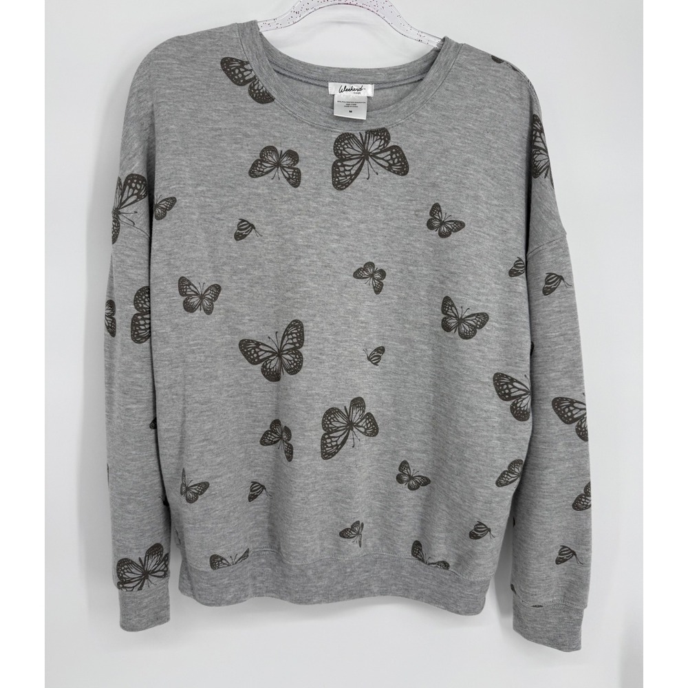 Weekend Soul Womens Heather Grey Butterfly Print Crew Neck Sweatshirt Sz M
